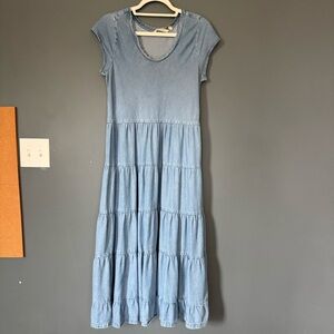 Soft Surroundings Kara Tiered Chambray Midi Dress Size Petite Medium Lyocell